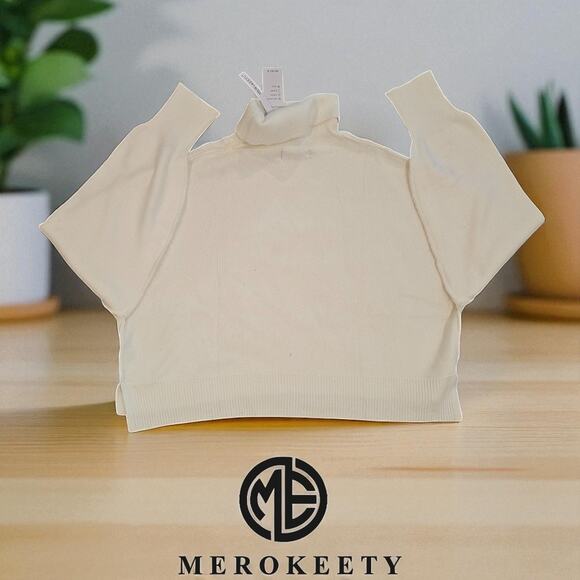 MEROKEETY Women's Ivory Turtleneck Batwing Sleeve Oversized Cropped Sweater XL - Picture 1 of 6